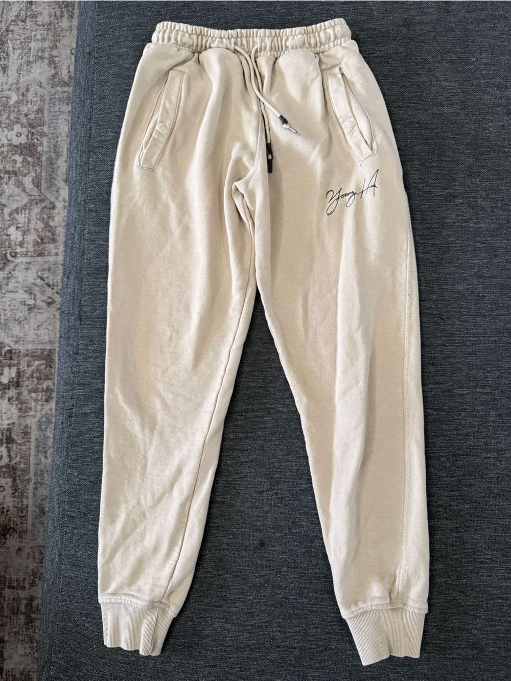 Young LA Beige/tan thick Men's Drawstring Jogger Pants w/black writing size Sm